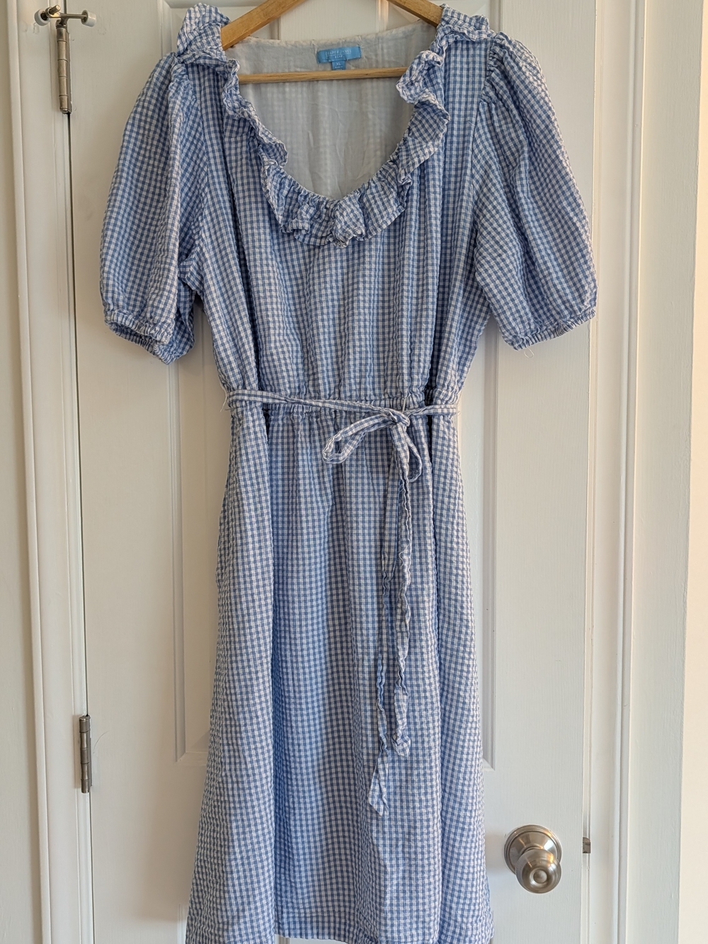 Draper James RSVP Blue Gingham Ruffle-Neck Midi Dress cottagecore prairie girlie